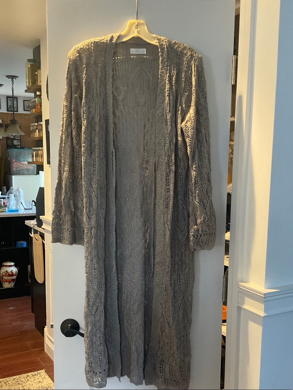 LC Lauren Conrad Gray Crochet Open-Front Long Duster medium